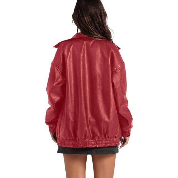 Women's Faux Leather Jacket Oversized Bright Red Bomber Coat Fall Winter Outfits - Picture 3 of 3